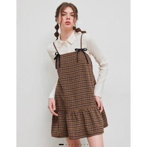Cider XL Square Neck Check Ruffle Bowknot Babydoll Mini Dress Brown Plaid Whimsy